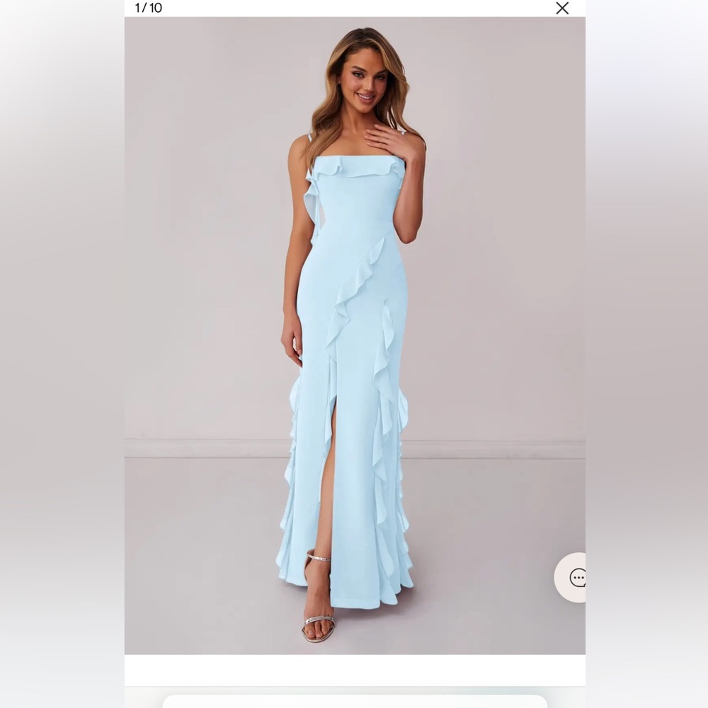 Azazie Strapless Light Blue Dress with Ruffles
